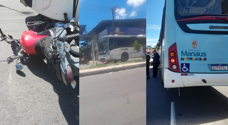 Piloto de moto fica gravemente ferido após ser atropelado por ônibus na avenida Autaz Mirim; veja vídeo