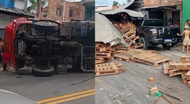 Caminhão com pallets tomba e causa prejuízos a veículos na zona leste de Manaus; veja vídeo