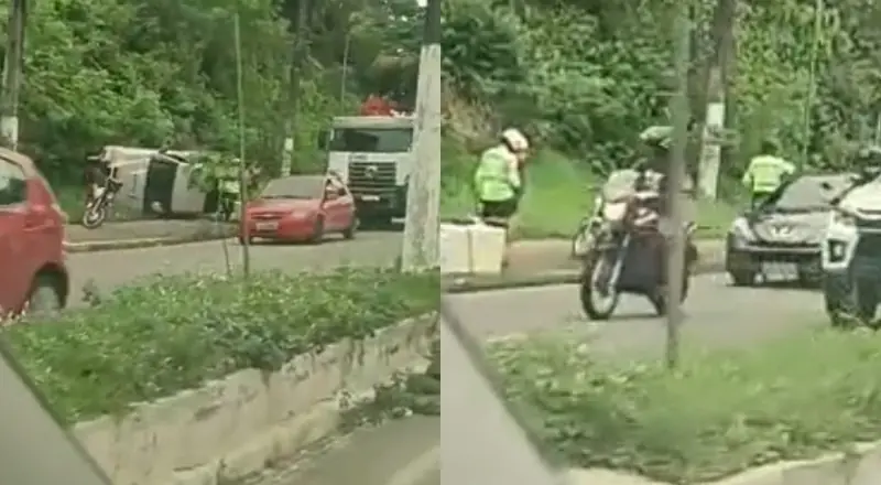 carro capota e trava trânsito na avenida Rodrigo Otávio, em Manaus