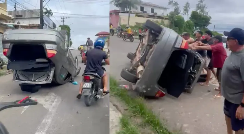 Vizinhos socorrem motorista e ajudam a desvirar carro capotado em Tefé