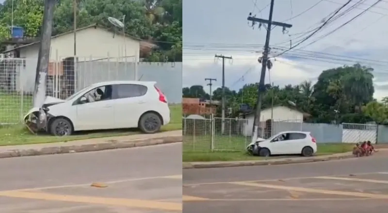 Carro em alta velocidade colide contra poste na entrada de Iranduba