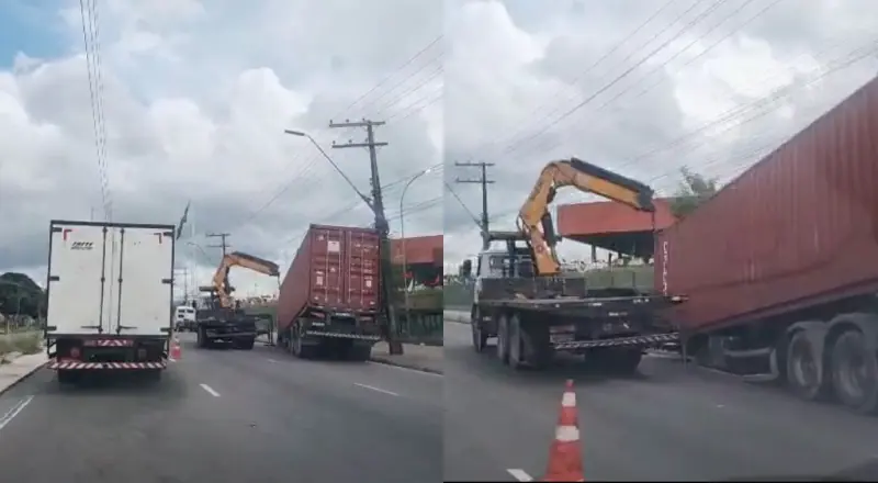 Contêiner se solta de carreta e interdita trecho da Avenida Autaz Mirim