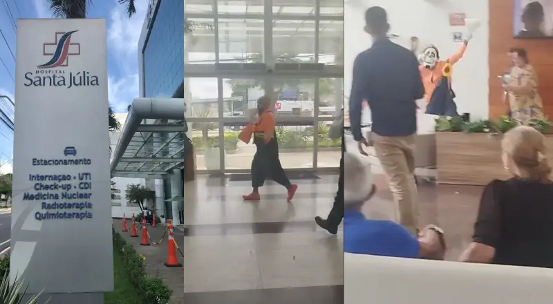 palhaço protesta no hospital Santa Julia e parte pra briga contra seguranças em Manaus