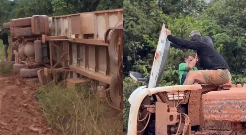 Carreta que vinha de Goiás para Manaus tomba no trecho do barro da BR-319