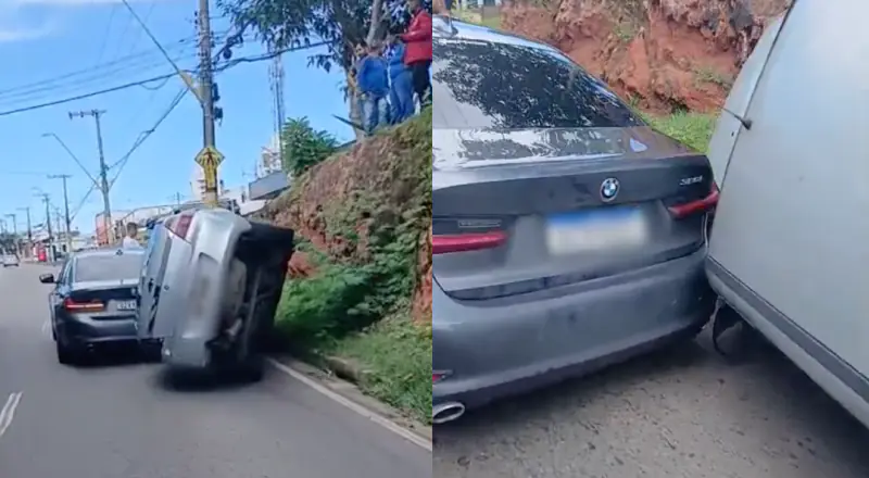 Carro capota na Avenida Pedro Teixeira, em Manaus