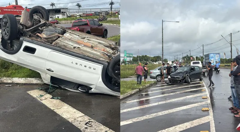 Carro capota durante grave acidente na avenida do Turismo
