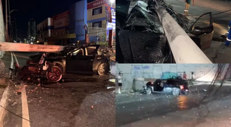 Acidente na madrugada deixa três feridos após carro colidir contra poste em Manaus