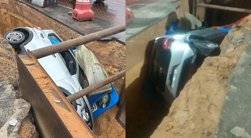 Carro ultrapassa sinalização e cai dentro de vala de obras da Cigás no Nova Cidade