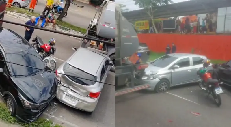 Engavetamento envolvendo caminhões e carros bloqueia a Avenida Rodrigo Otávio em Manaus
