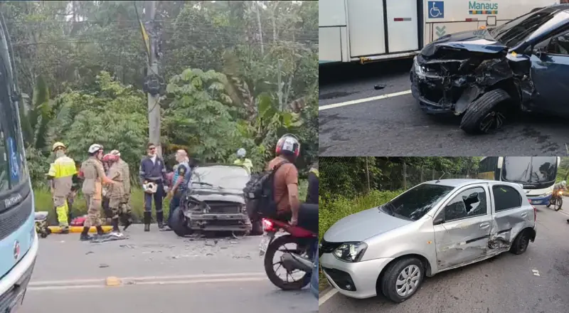 grave acidente entre carros e moto deixa feridos na estrada do Aeroporto em Manaus