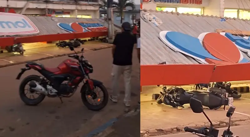 Letreiro e cobertura da Bemol desabam sobre motocicletas no município de Careiro Castanho