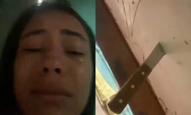 aos prantos, jovem denuncia ameaças do ex e mostra faca cravada na porta de casa