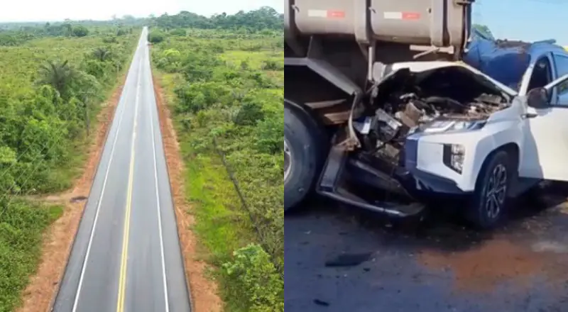 Batida violenta entre caminhonete e caminhão destrói veículo na AM-010