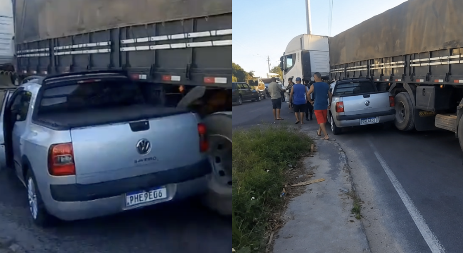 Urgente: Carro é esmagado e fica enganchado em roda de caminhão na avenida Autaz Mirim; veja vídeo