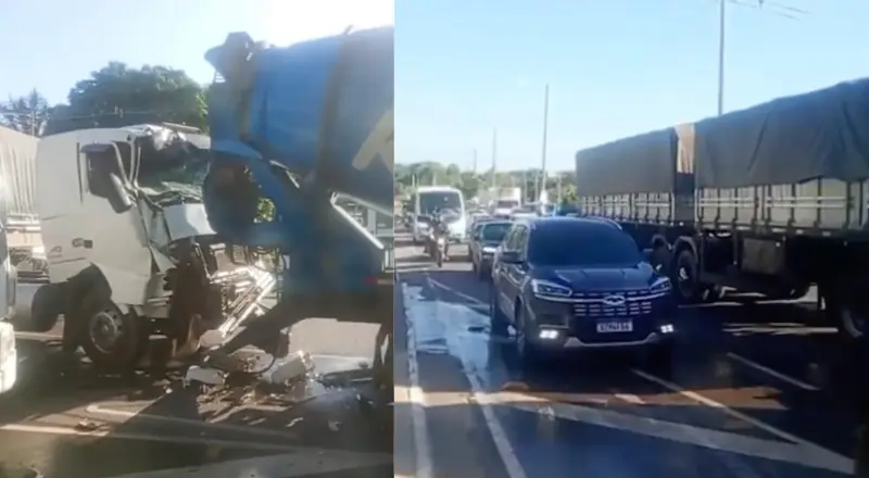 Acidente entre carreta e caminhão betoneira causa congestionamento no bairro Tarumã