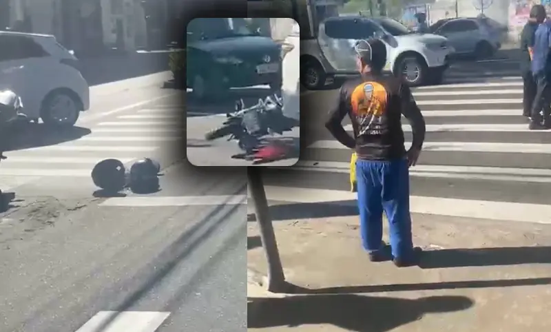 Urgente: mulher é arremessada de moto após acidente em cima da faixa de pedestres na Ponta Negra; vídeo