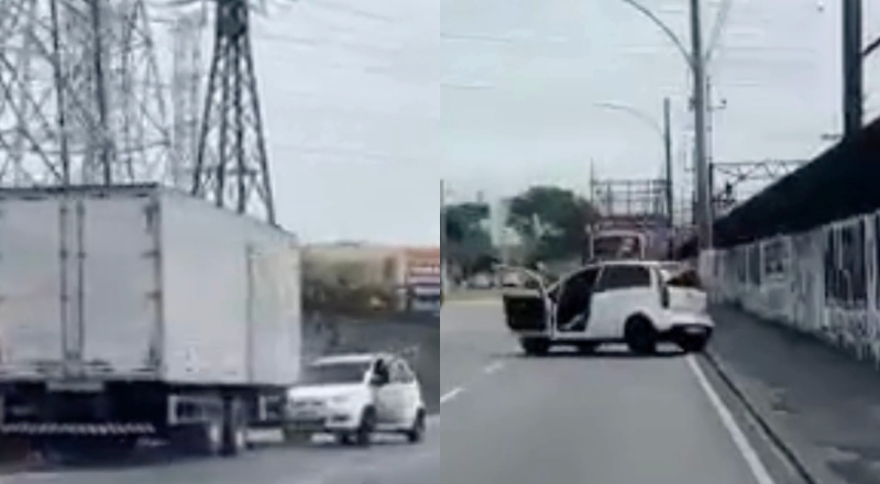 Briga de trânsito termina com carro arrastado por caminhão e expõe risco de confronto desnecessário; veja vídeo