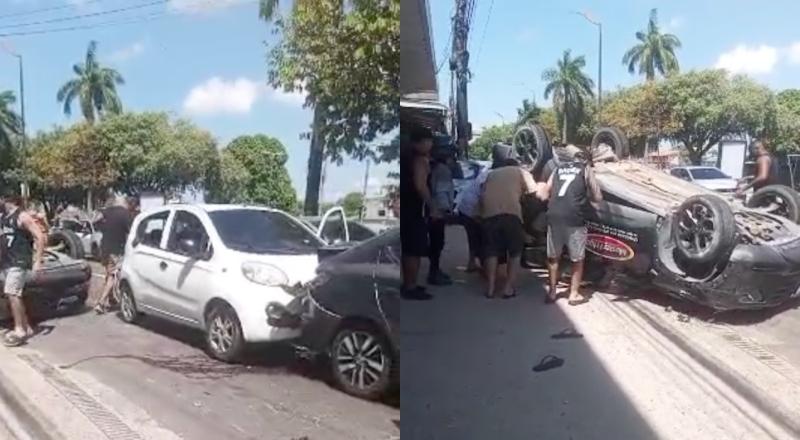 Urgente! Acidente de trânsito envolvendo 3 carros no Japiim termina com engavetamento e um carro capotado; veja vídeo