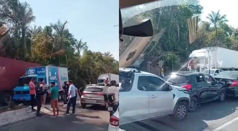 Urgente: Engavetamento com cinco carros e carreta em pane travam avenida Rodrigo Otávio em Manaus