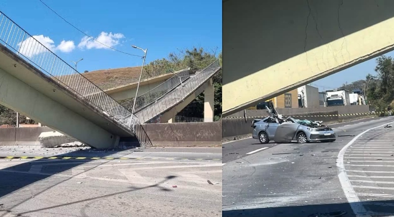 Tragédia: veja momento em que caminhão derruba passarela e carro é esmagado; vídeo
