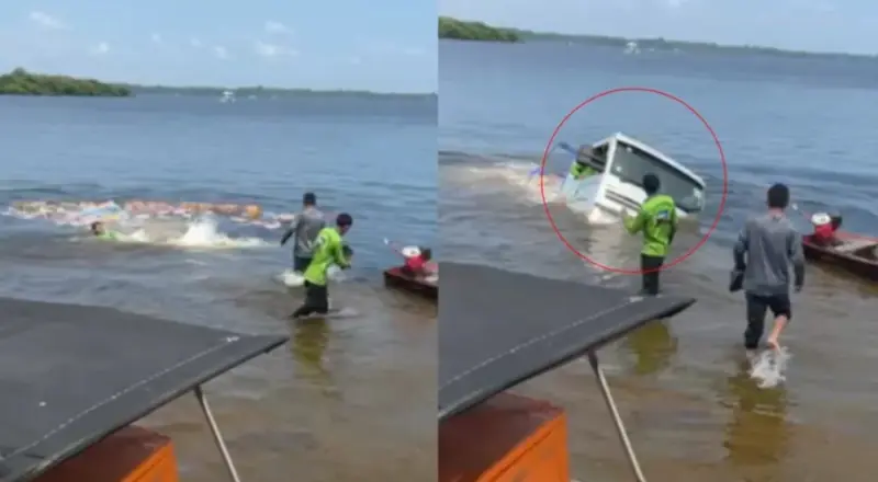 ‘Desce uma gelada aí’: Caminhão carregado de bebidas afunda no rio após descer desgovernado em porto de Maués