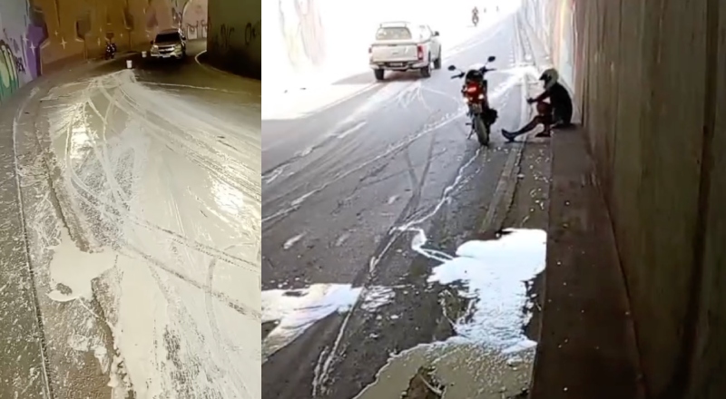 Pista encharcada de tinta causa acidente de moto na passagem de nível do Rei Pelé, em Manaus; veja vídeo