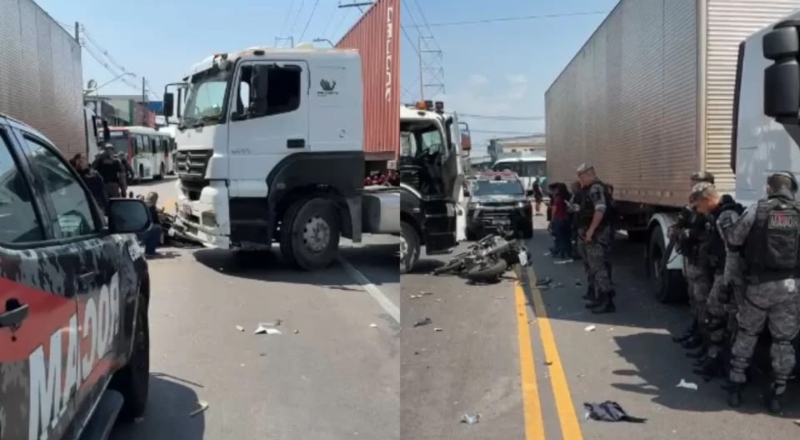 Urgente: policial da ROCAM se envolve em acidente com duas carretas no Distrito Industrial, em Manaus; veja vídeo
